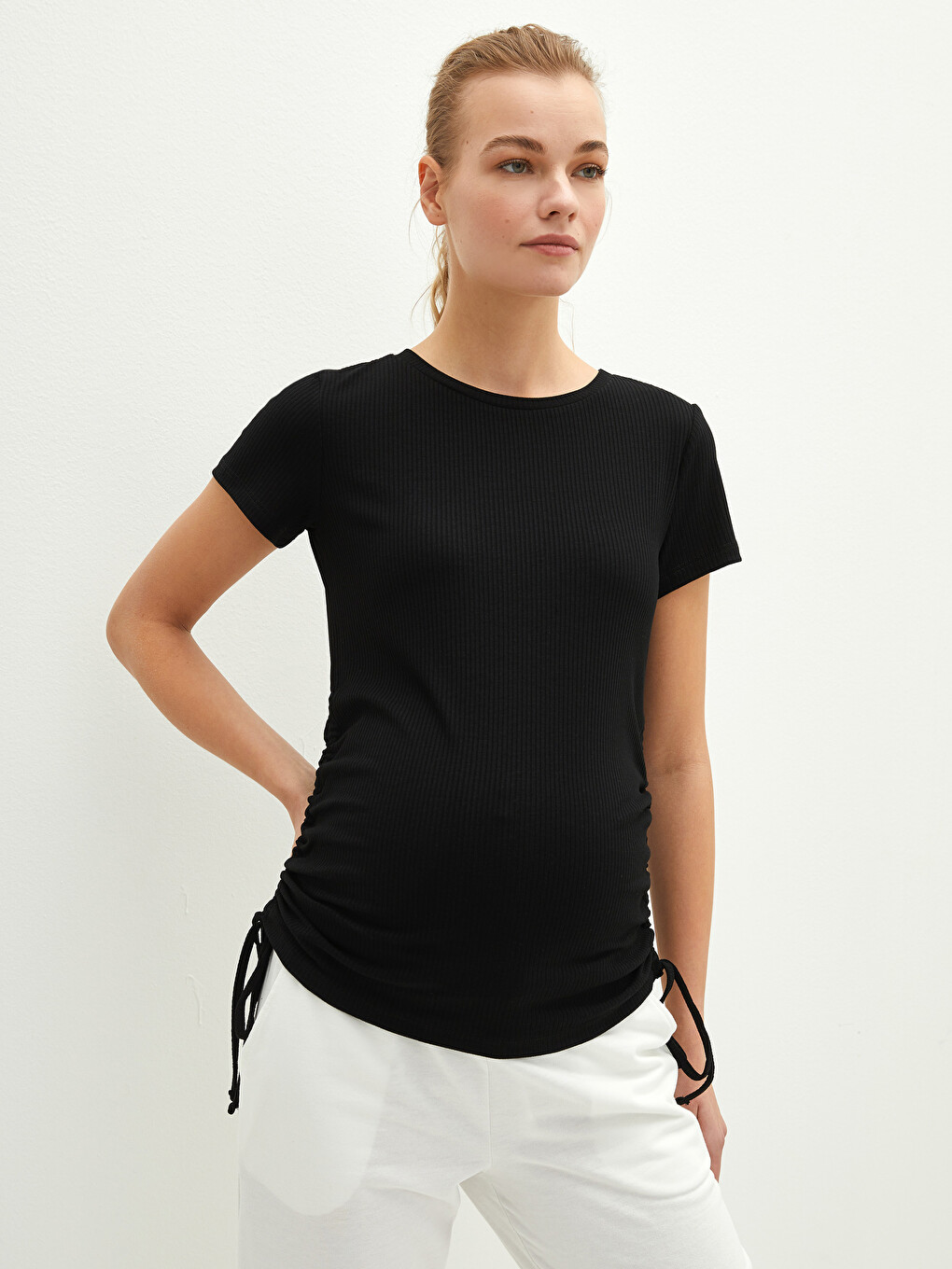 Crew Neck Straight Waist Gathered Detailed Short Sleeve Camisole Fabric Maternity Blouse-1