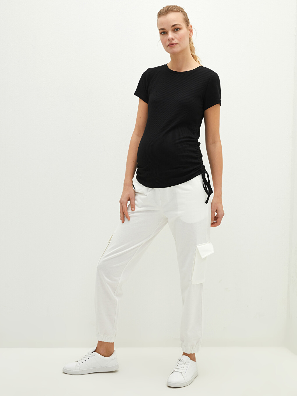 Crew Neck Straight Waist Gathered Detailed Short Sleeve Camisole Fabric Maternity Blouse-2