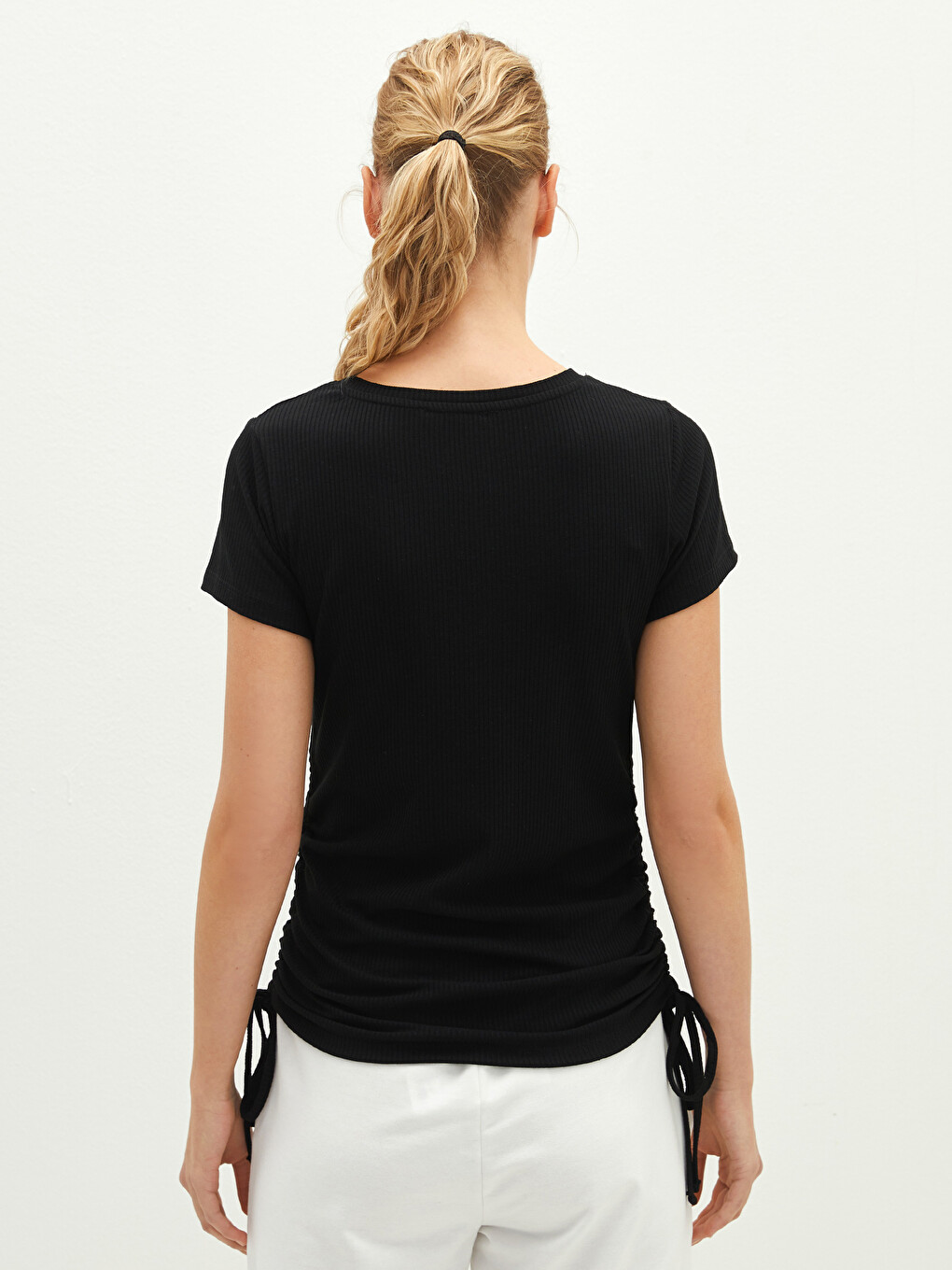 Crew Neck Straight Waist Gathered Detailed Short Sleeve Camisole Fabric Maternity Blouse-4