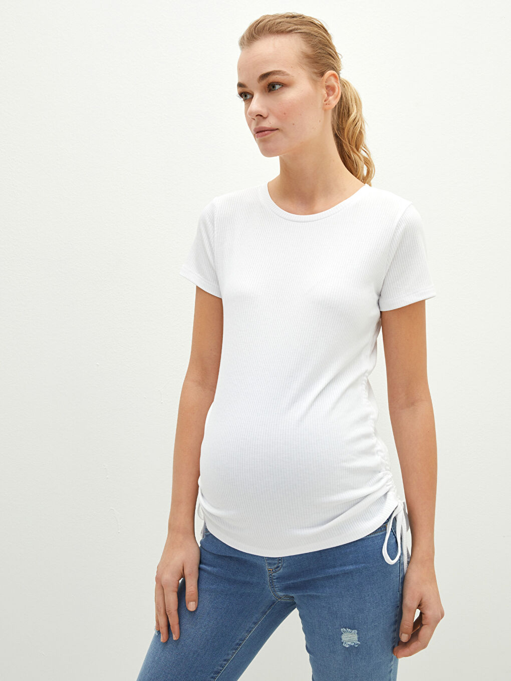 Beyaz Bisiklet Yaka Düz Beli Büzgü Detaylı Kısa Kollu Kaşkorse Kumaş Hamile Bluz-1