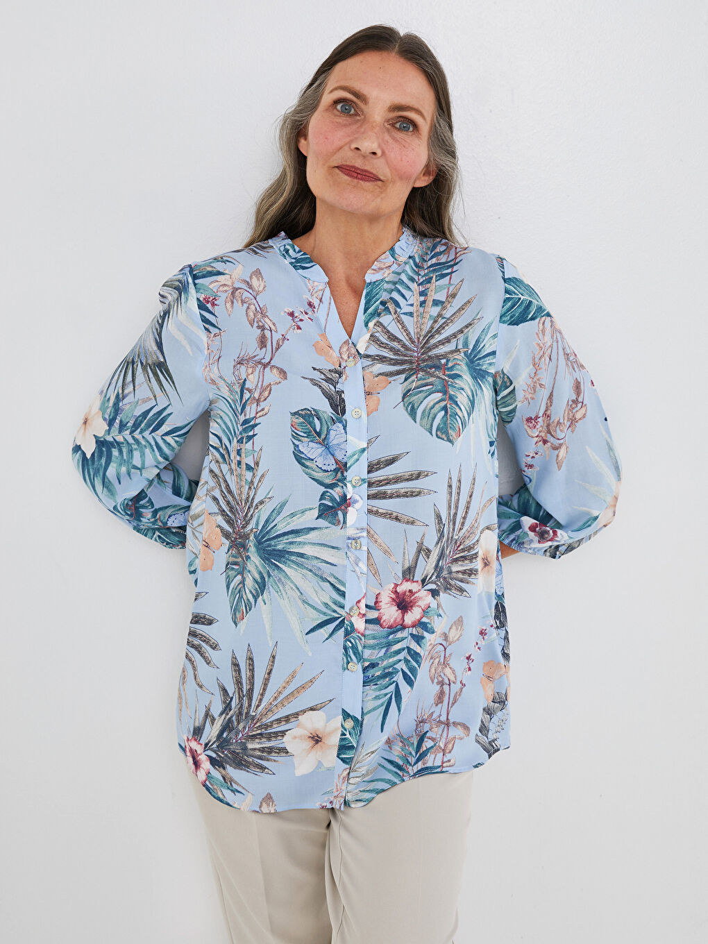 LCW Grace Frilly Frilly Collar Floral Printed Viscose Women's Shirt -S1HQ45Z8-LQQ