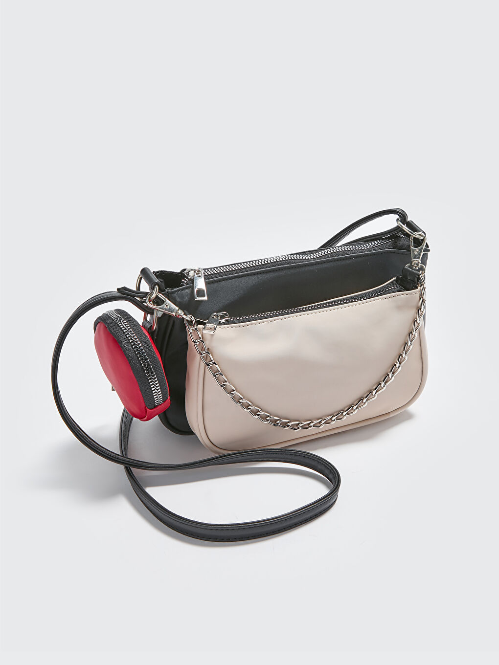 Siyah Deri Görünümlü Ek Küçük Çantalı Kadın Omuz Çantası-2