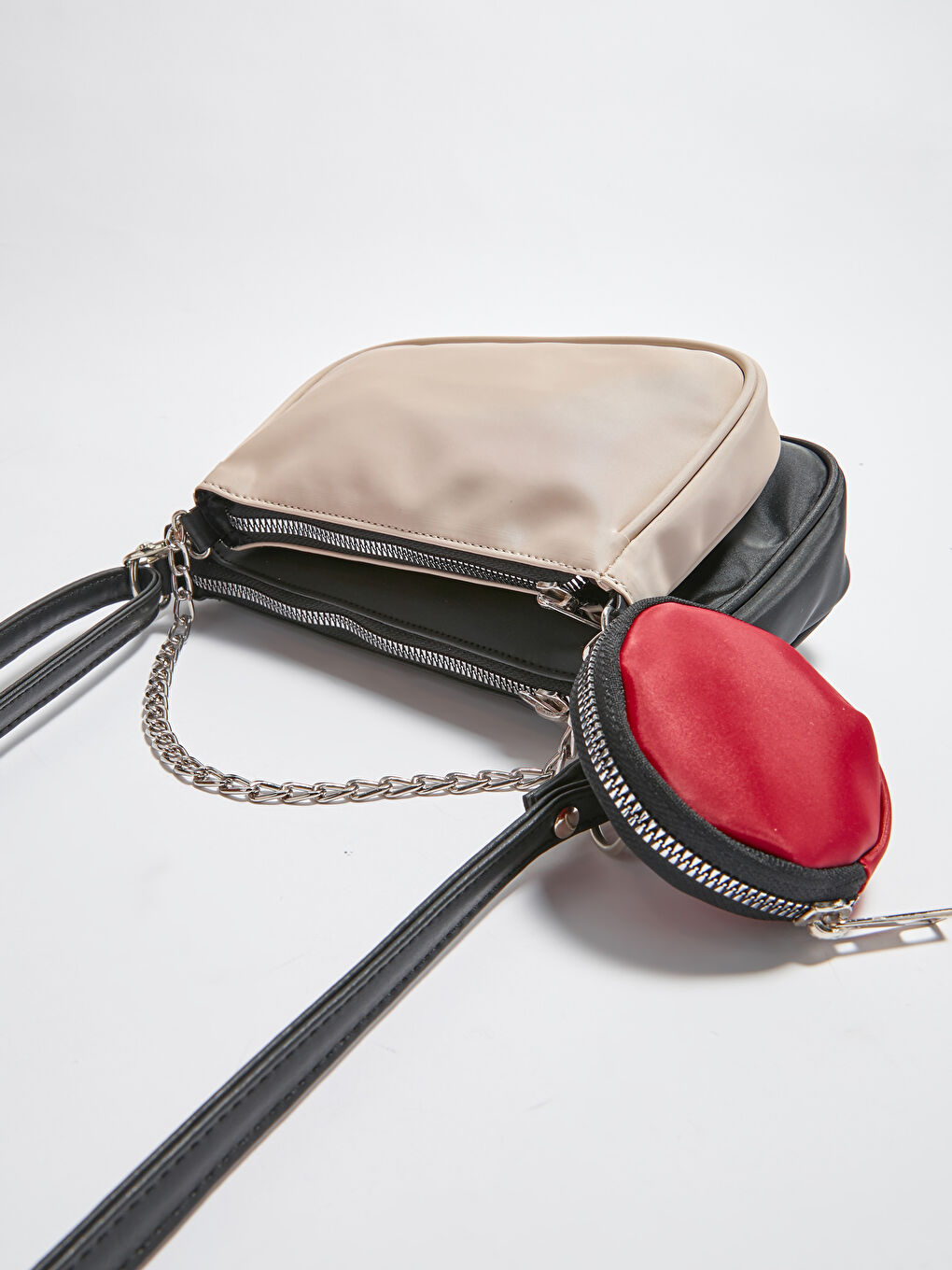 Siyah Deri Görünümlü Ek Küçük Çantalı Kadın Omuz Çantası-3