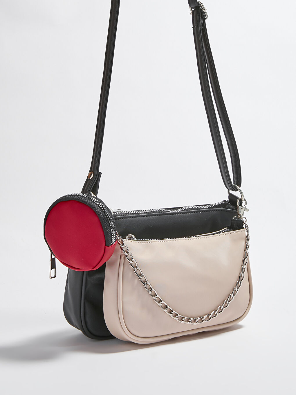 Siyah Deri Görünümlü Ek Küçük Çantalı Kadın Omuz Çantası-4