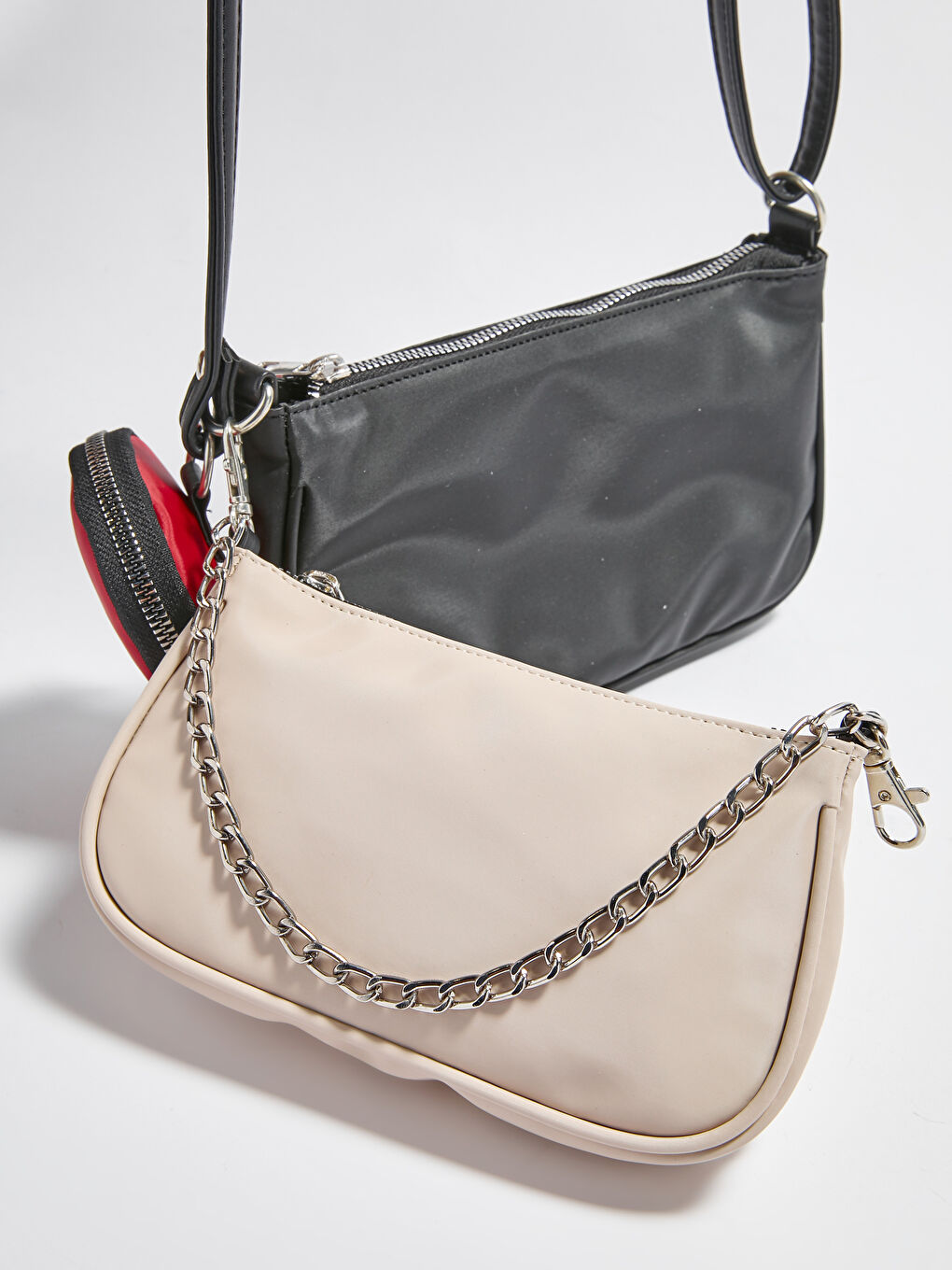 Siyah Deri Görünümlü Ek Küçük Çantalı Kadın Omuz Çantası-6