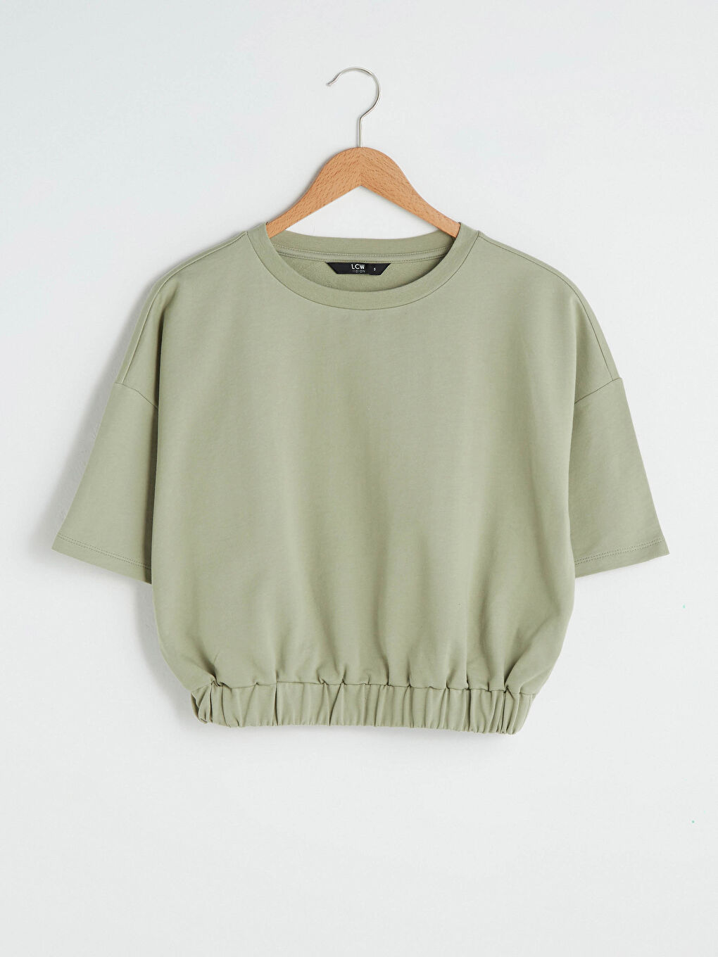 Yeşil Bisiklet Yaka Düz Kısa Kollu Crop Kadın Sweatshirt-8