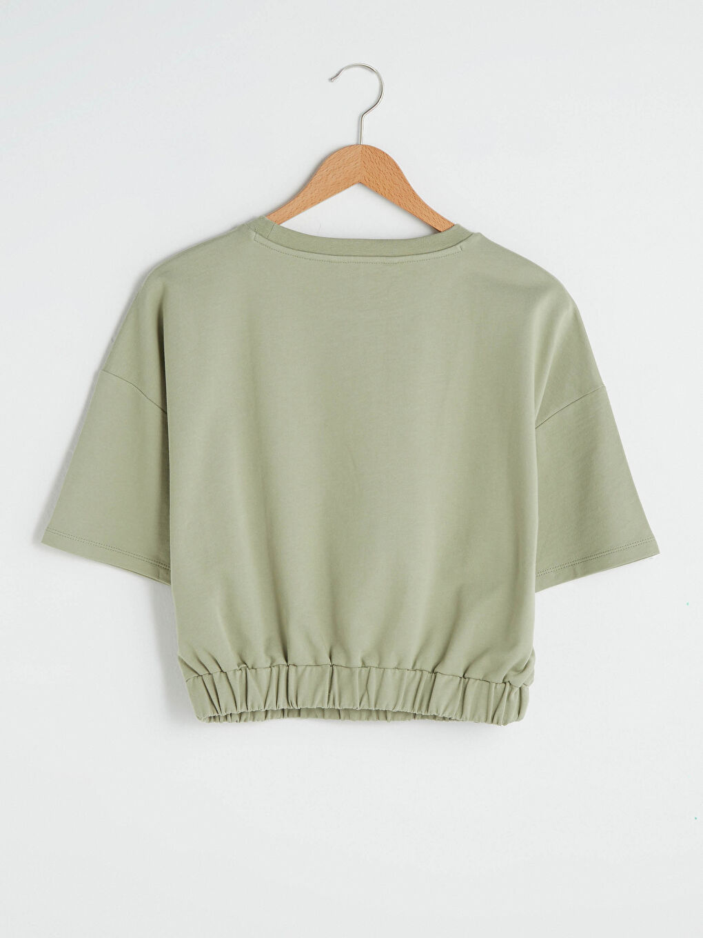 Yeşil Bisiklet Yaka Düz Kısa Kollu Crop Kadın Sweatshirt-9