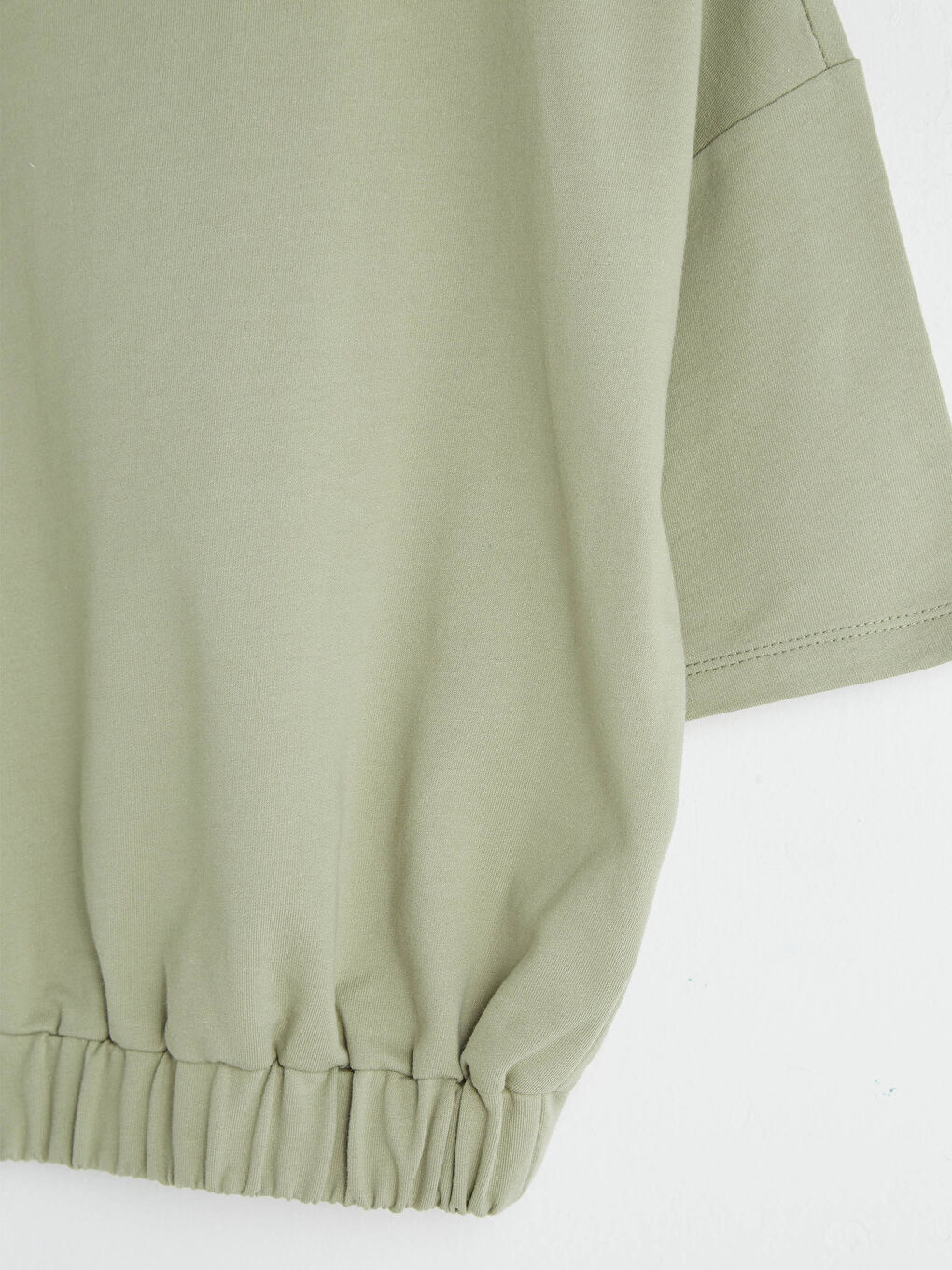 Yeşil Bisiklet Yaka Düz Kısa Kollu Crop Kadın Sweatshirt-10