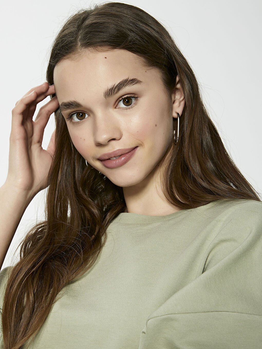 Yeşil Bisiklet Yaka Düz Kısa Kollu Crop Kadın Sweatshirt-3