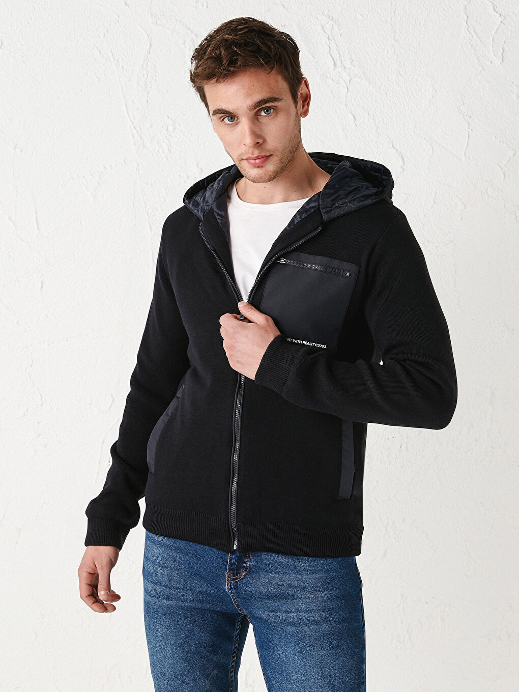 Lacivert Slim Fit Kapüşonlu Erkek Triko Mont