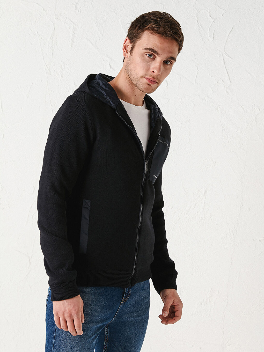 Lacivert Slim Fit Kapüşonlu Erkek Triko Mont-1