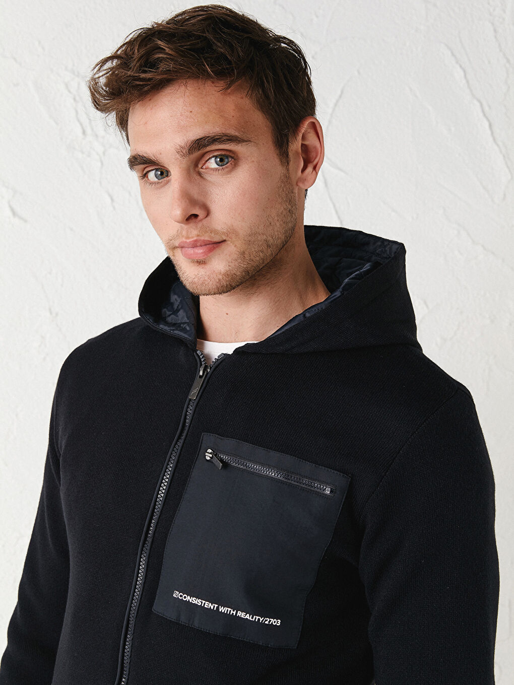 Lacivert Slim Fit Kapüşonlu Erkek Triko Mont-2