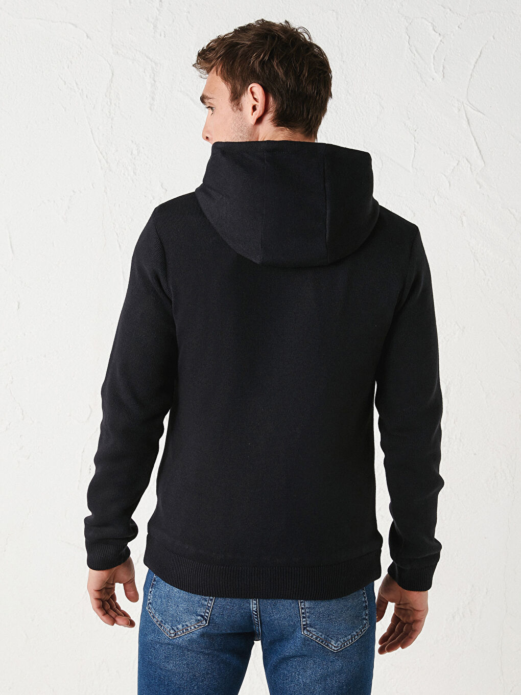 Lacivert Slim Fit Kapüşonlu Erkek Triko Mont-4