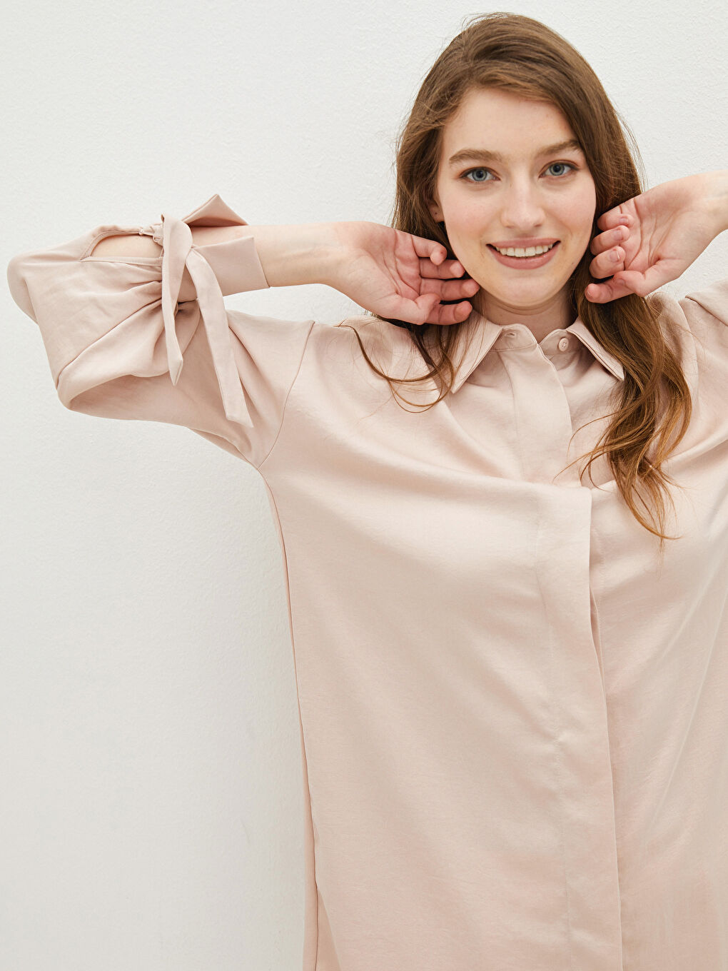 Pembe Düz Uzun Kollu Oversize Kadın Gömlek Tunik-7