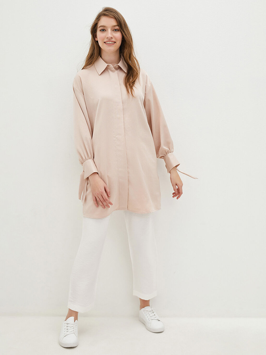 Pembe Düz Uzun Kollu Oversize Kadın Gömlek Tunik-8