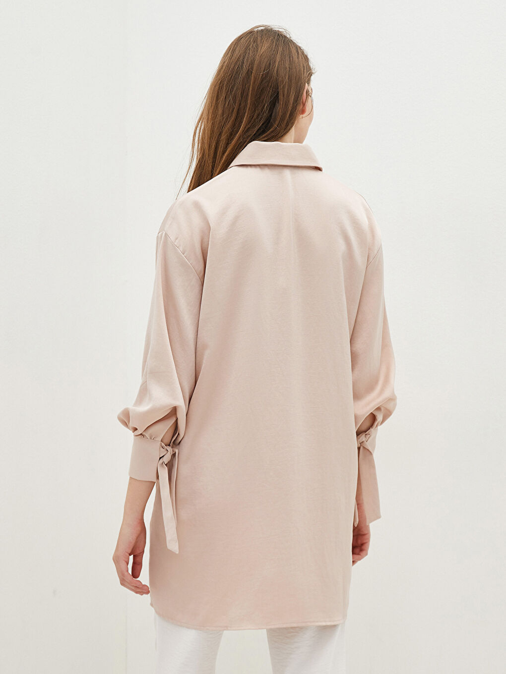 Pembe Düz Uzun Kollu Oversize Kadın Gömlek Tunik-9