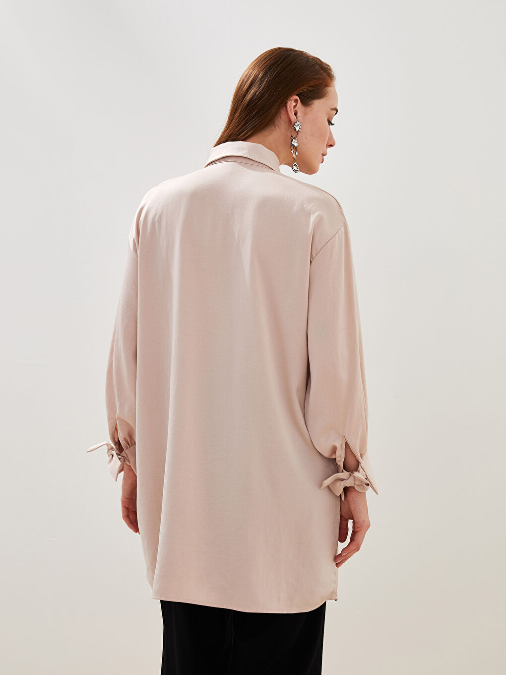 Pembe Düz Uzun Kollu Oversize Kadın Gömlek Tunik-4