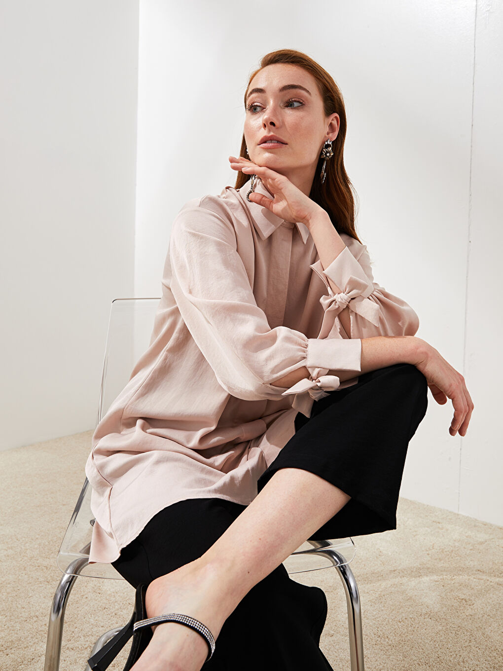 Pembe Düz Uzun Kollu Oversize Kadın Gömlek Tunik