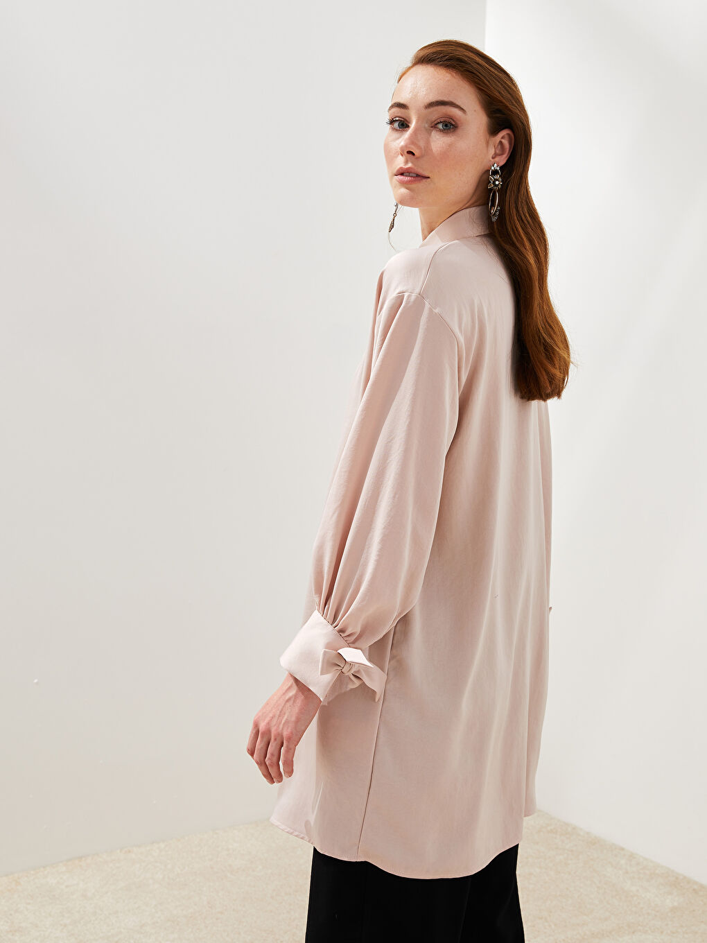 Pembe Düz Uzun Kollu Oversize Kadın Gömlek Tunik-1