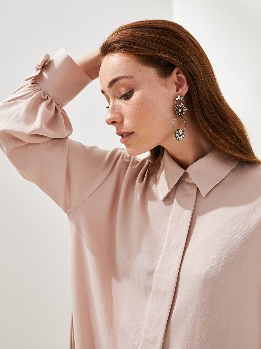 Pembe Düz Uzun Kollu Oversize Kadın Gömlek Tunik-2