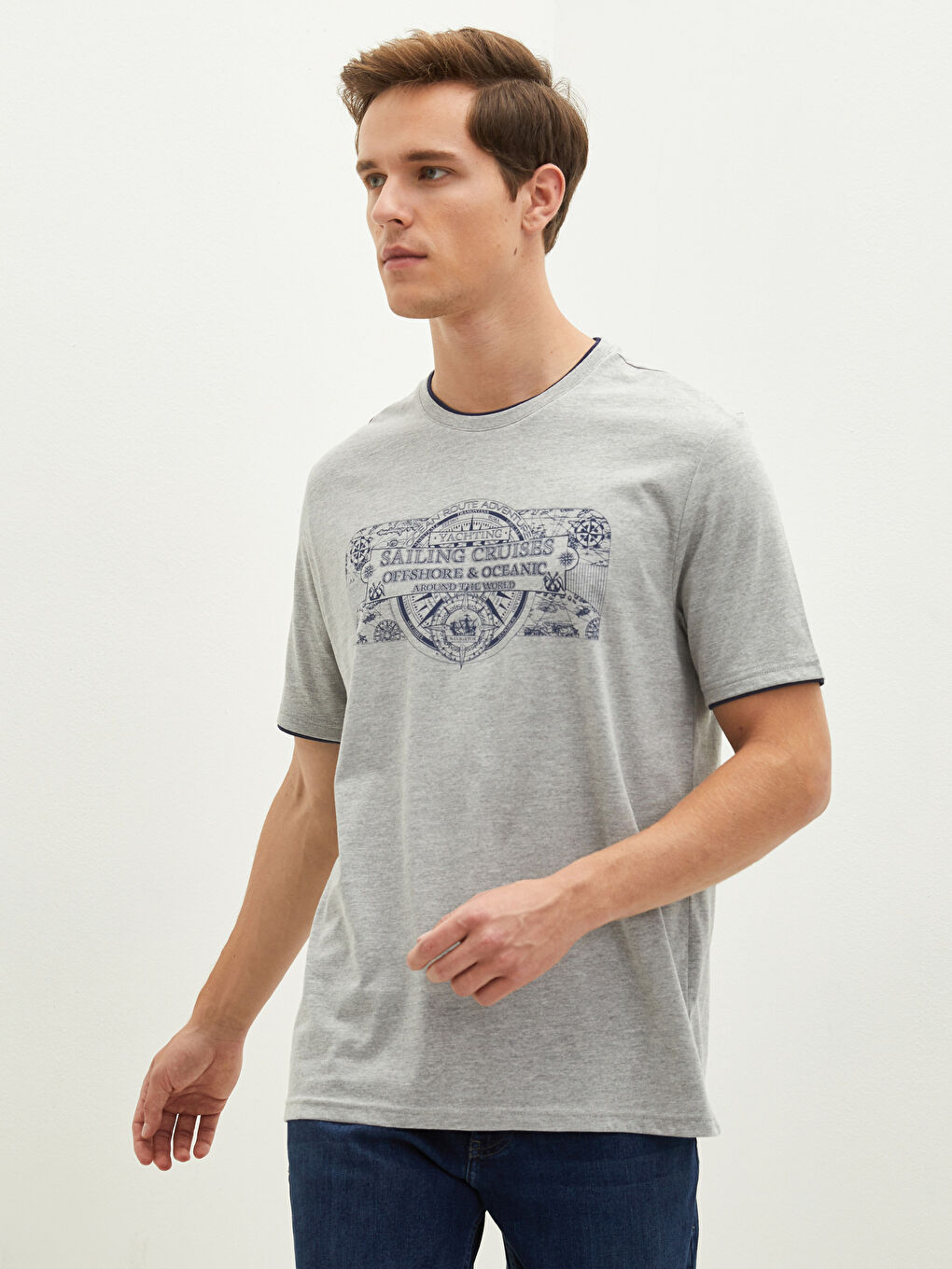 Gri Bisiklet Yaka Kısa Kollu Baskılı Penye Erkek Tişört-2