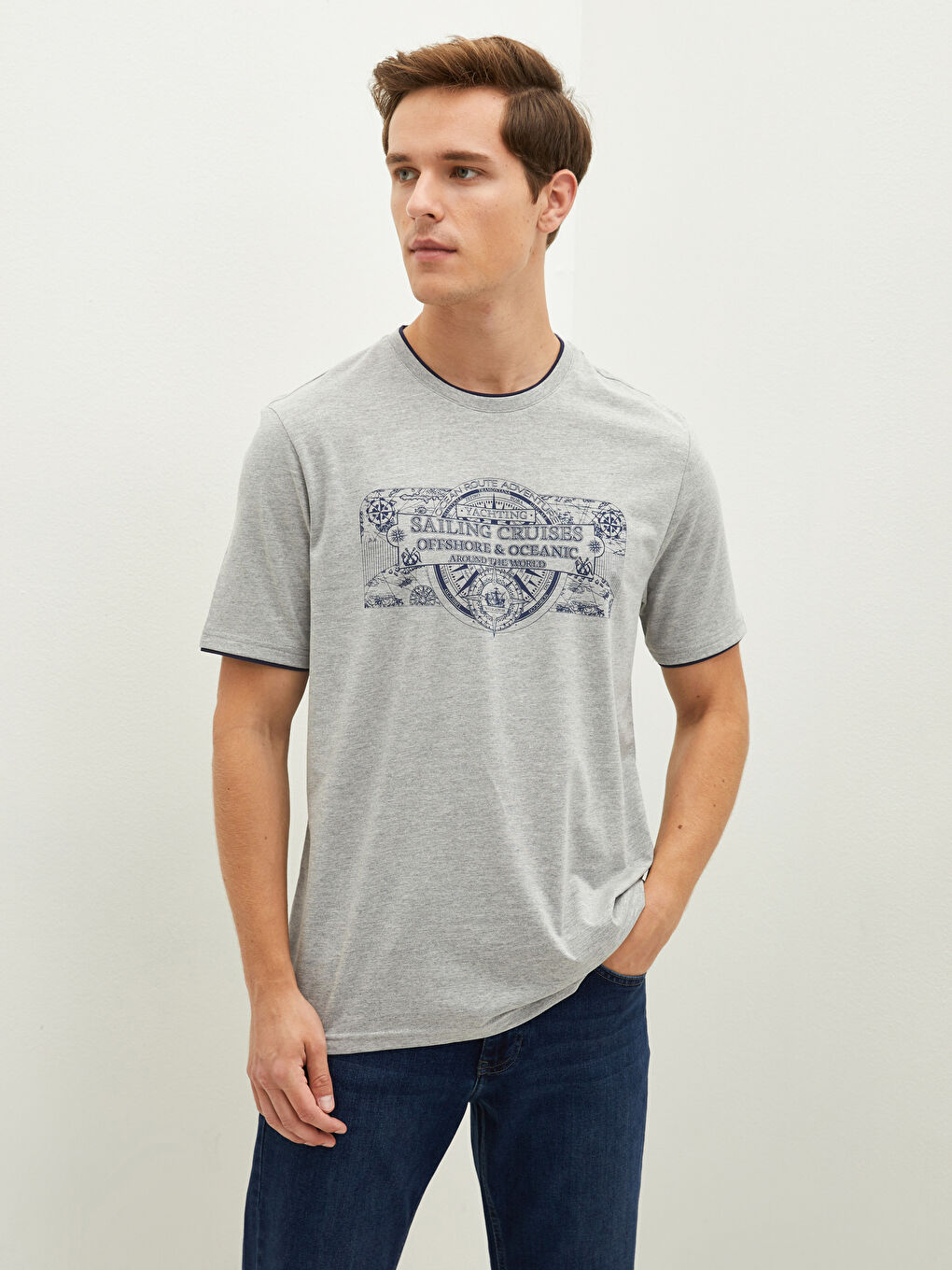 Gri Bisiklet Yaka Kısa Kollu Baskılı Penye Erkek Tişört-3