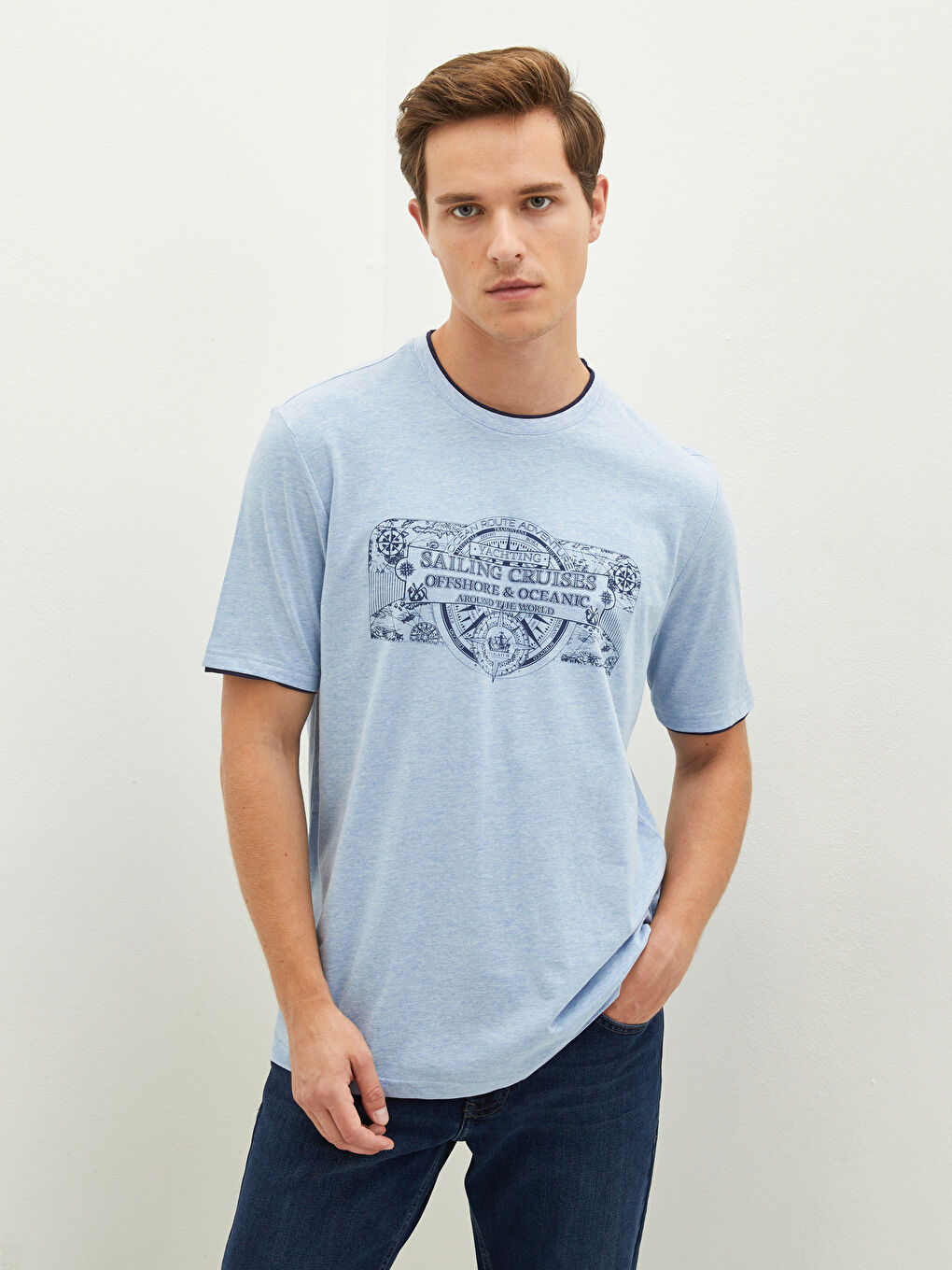 تي شيرت رجال كم قصير كول مدور مطبوع قطن ممشط