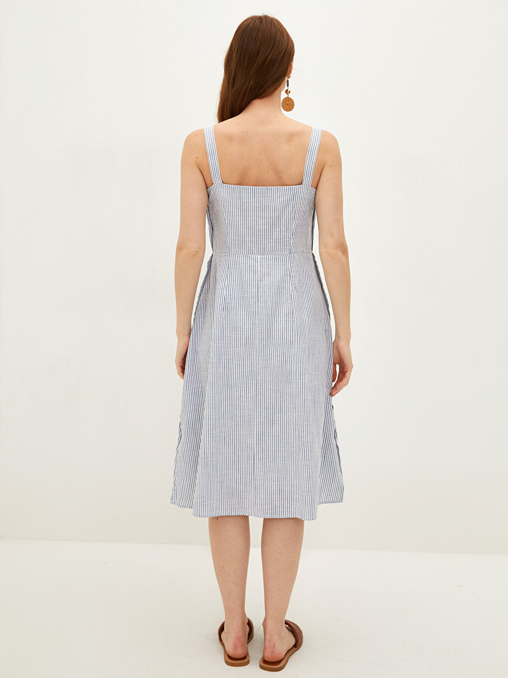 Mavi Kare Yaka Çizgili Düğme Detaylı A Kesim Poplin Kadın Elbise-3