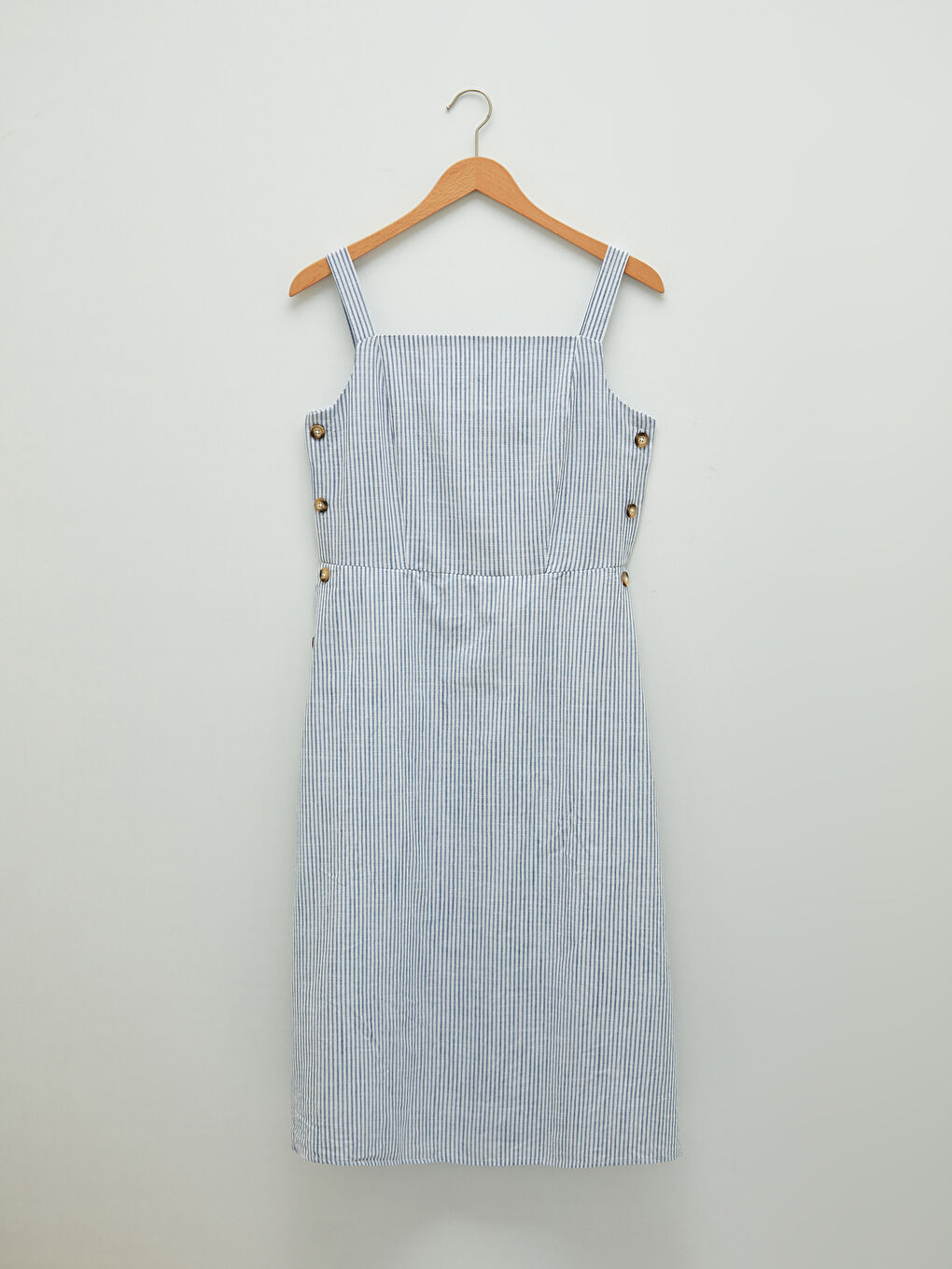 Mavi Kare Yaka Çizgili Düğme Detaylı A Kesim Poplin Kadın Elbise-5