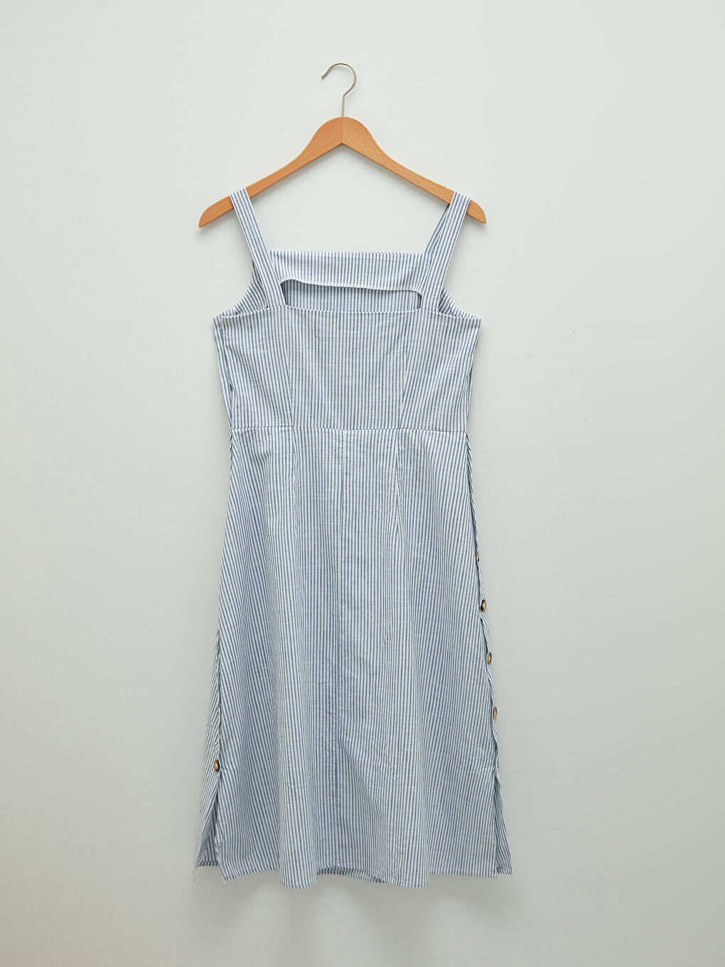 Mavi Kare Yaka Çizgili Düğme Detaylı A Kesim Poplin Kadın Elbise-6