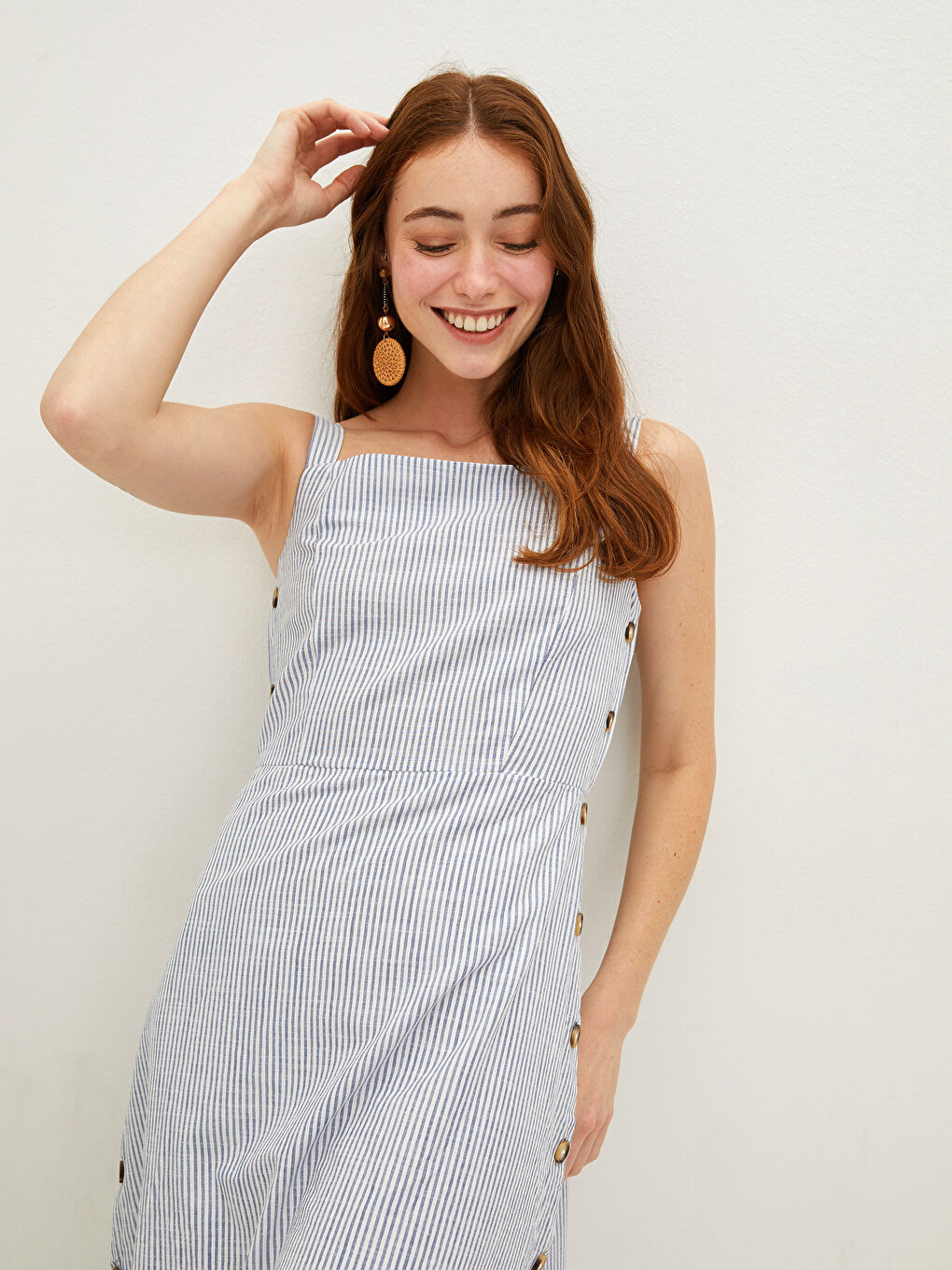 Mavi Kare Yaka Çizgili Düğme Detaylı A Kesim Poplin Kadın Elbise