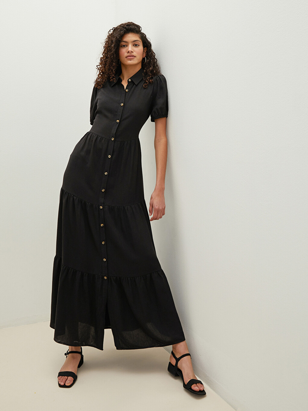 Plain Short Sleeve Linen Fabric Women Shirt Dress