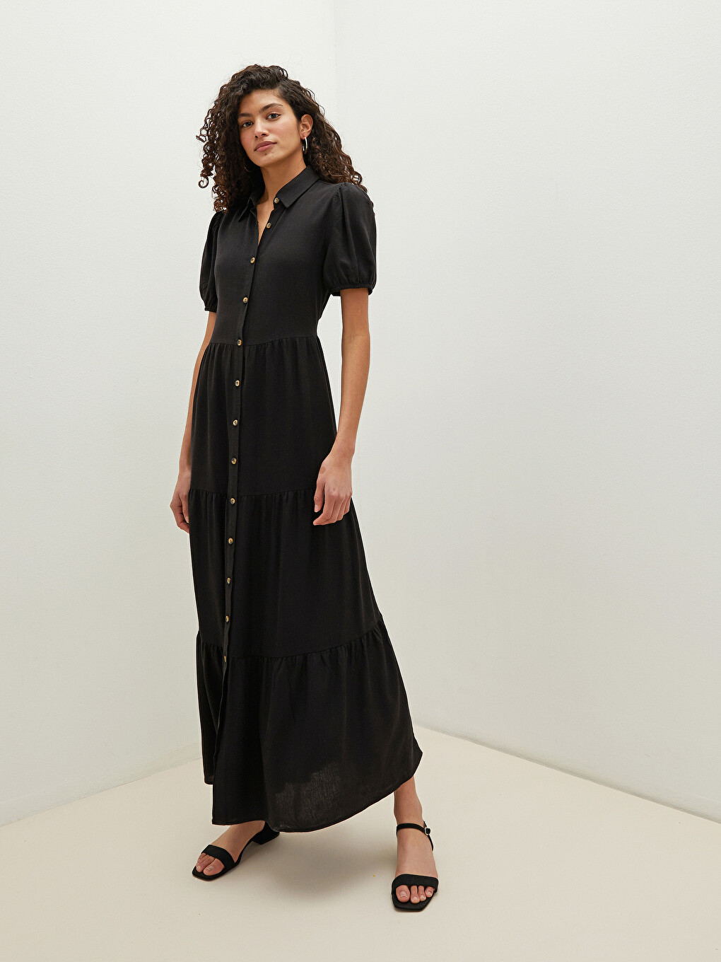 Plain Short Sleeve Linen Fabric Women Shirt Dress-1