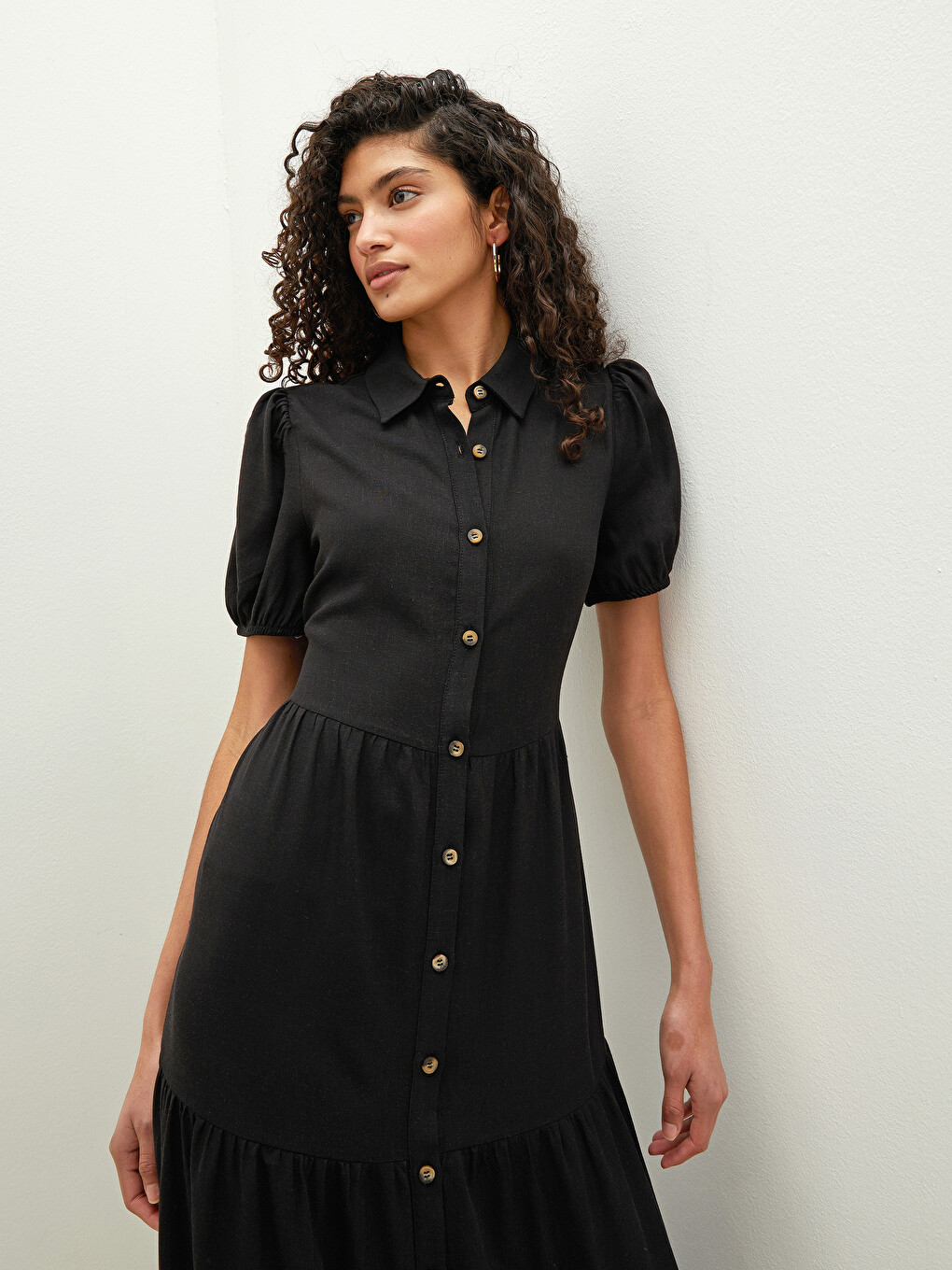 Plain Short Sleeve Linen Fabric Women Shirt Dress-2