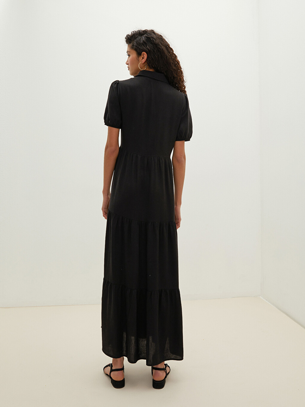 Plain Short Sleeve Linen Fabric Women Shirt Dress-4