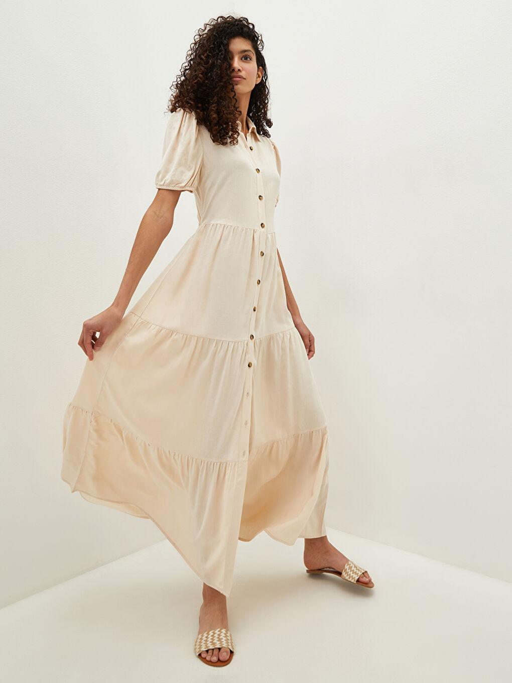 Plain Short Sleeve Linen Fabric Women Shirt Dress