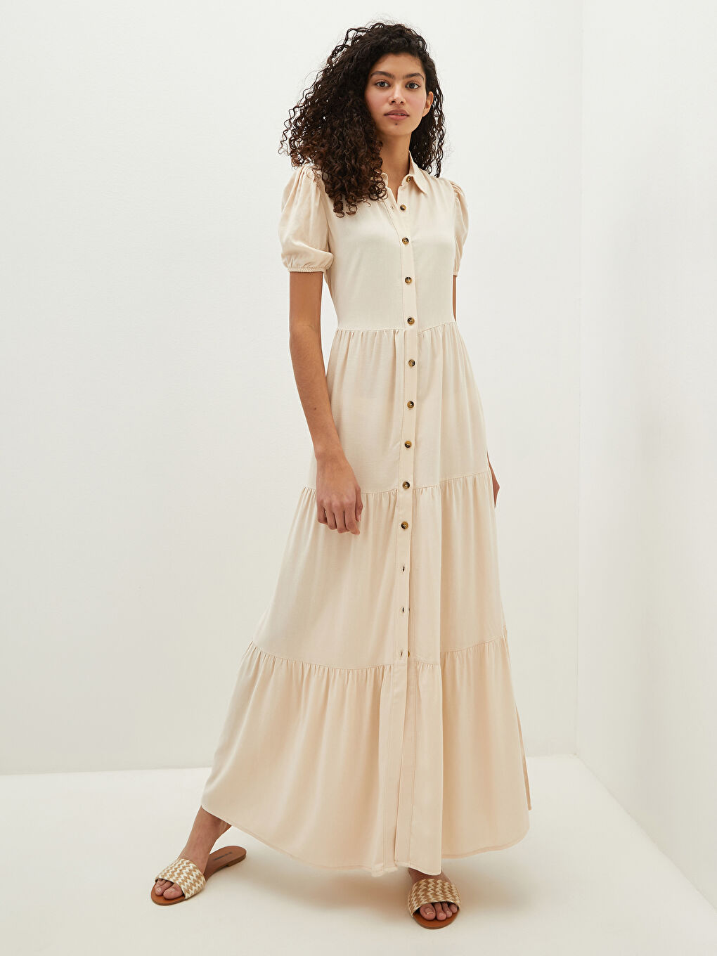 Plain Short Sleeve Linen Fabric Women Shirt Dress-1