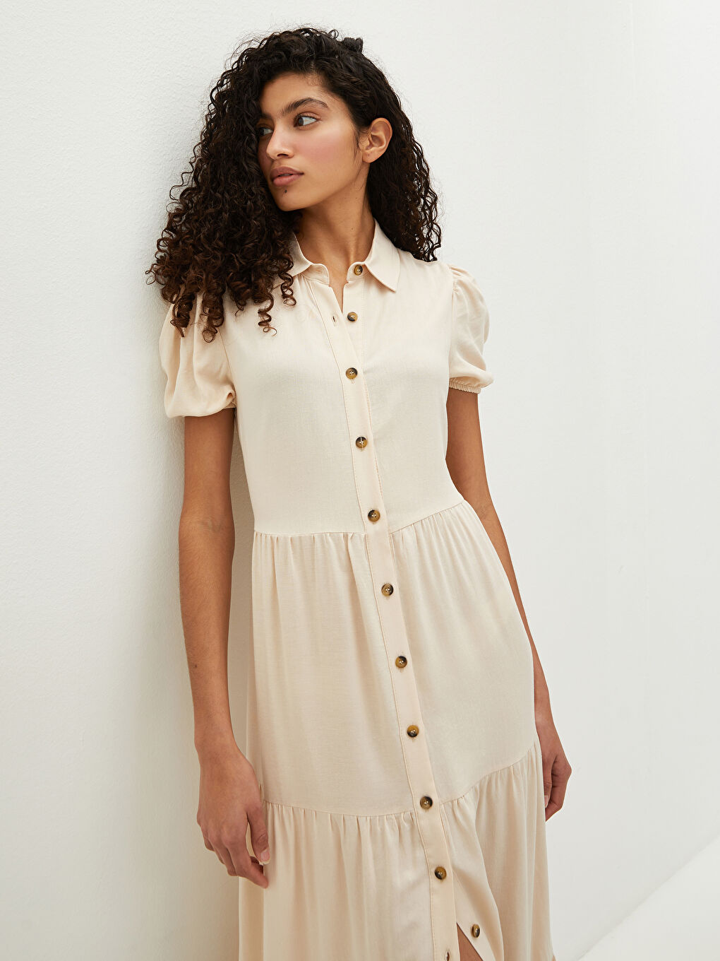 Plain Short Sleeve Linen Fabric Women Shirt Dress-2