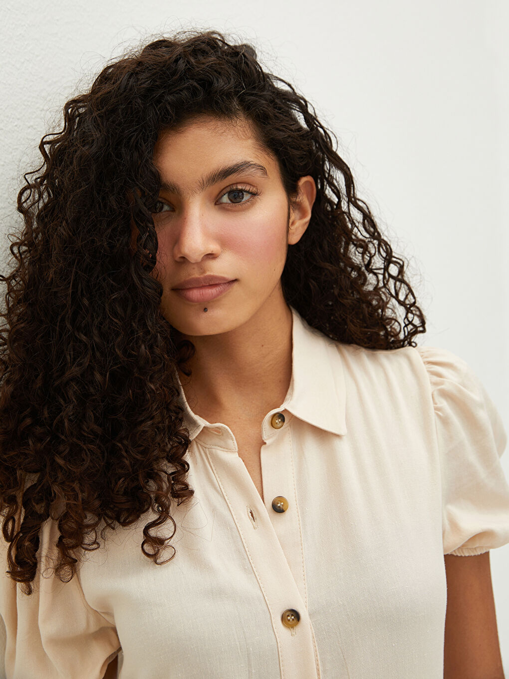 Plain Short Sleeve Linen Fabric Women Shirt Dress-4