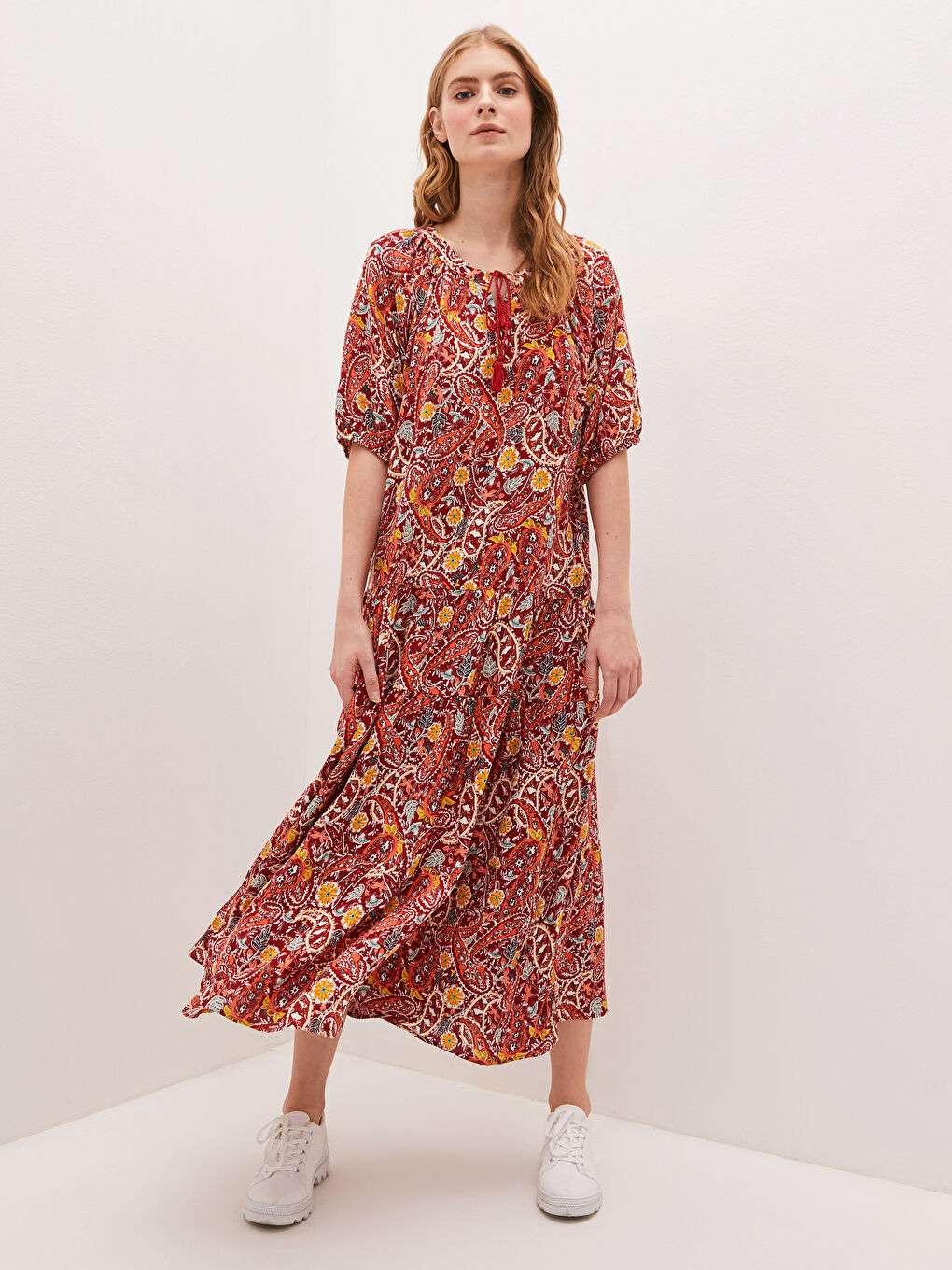 Tie Collar Patterned Crinkle Fabric Women's Dress-5