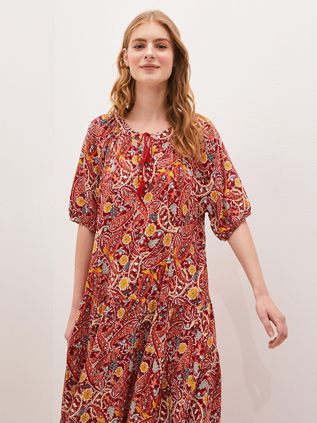 Tie Collar Patterned Crinkle Fabric Women's Dress-6