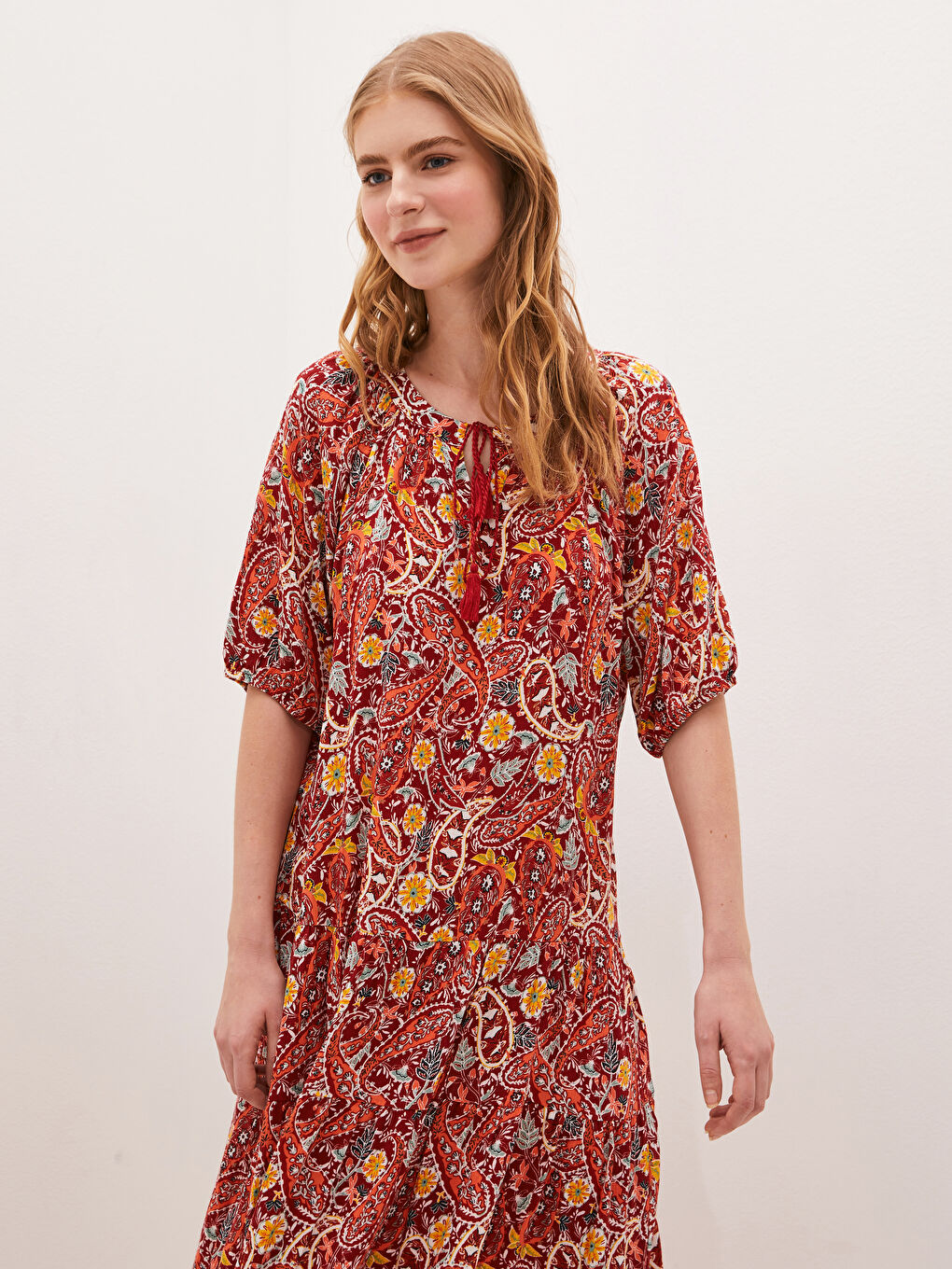 Tie Collar Patterned Crinkle Fabric Women's Dress-7