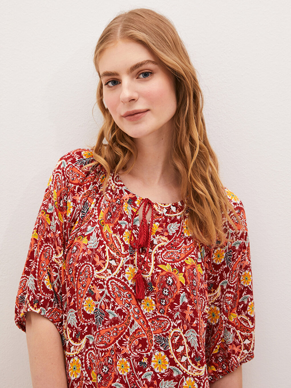 Tie Collar Patterned Crinkle Fabric Women's Dress-8