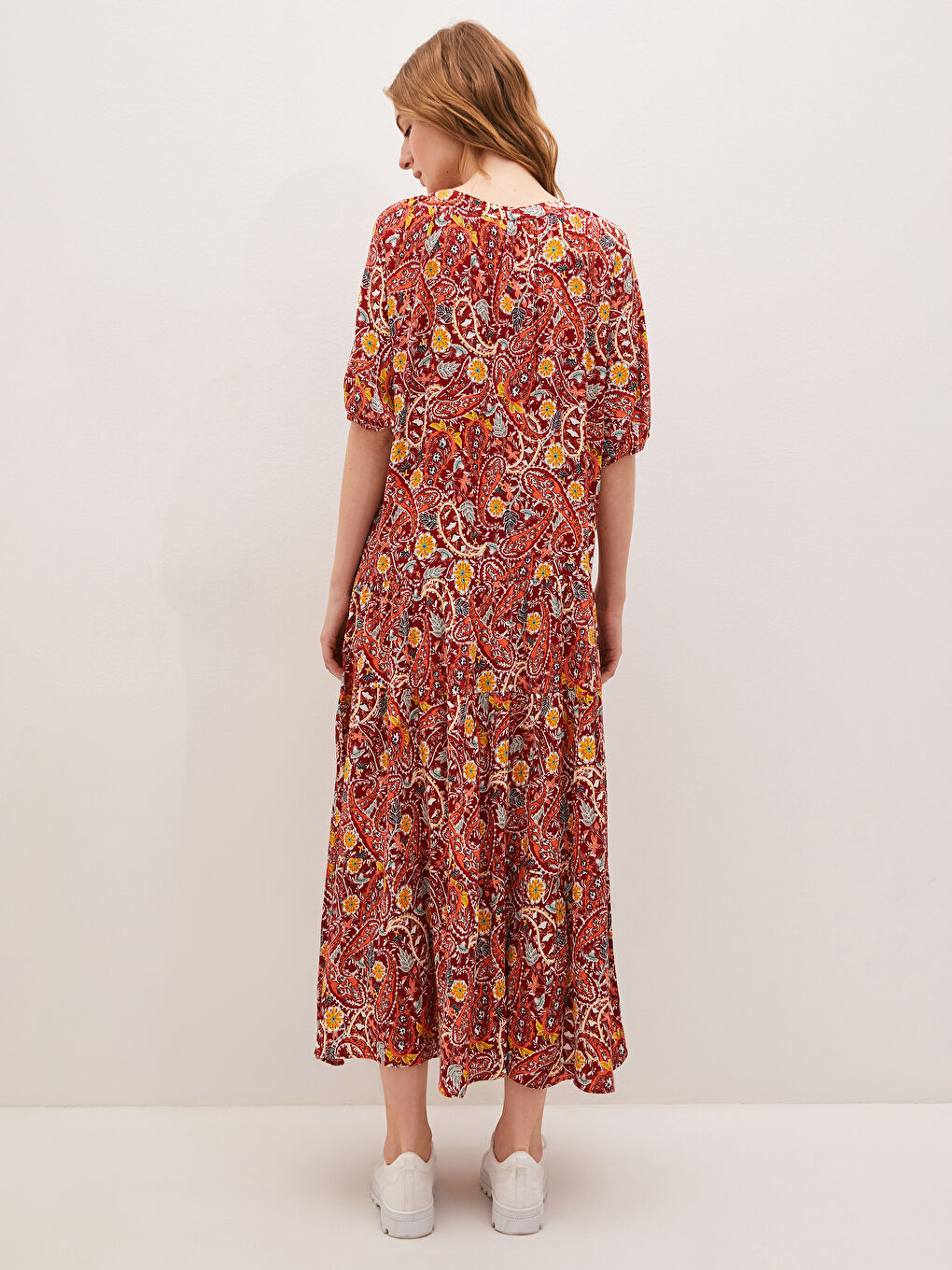 Tie Collar Patterned Crinkle Fabric Women's Dress-9