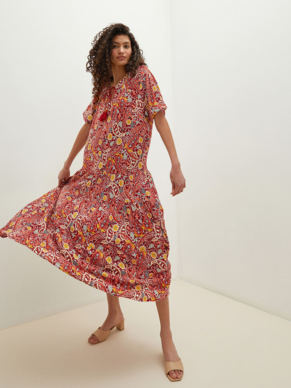 Tie Collar Patterned Crinkle Fabric Women's Dress