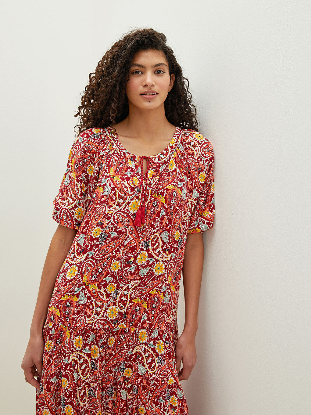 Tie Collar Patterned Crinkle Fabric Women's Dress-2