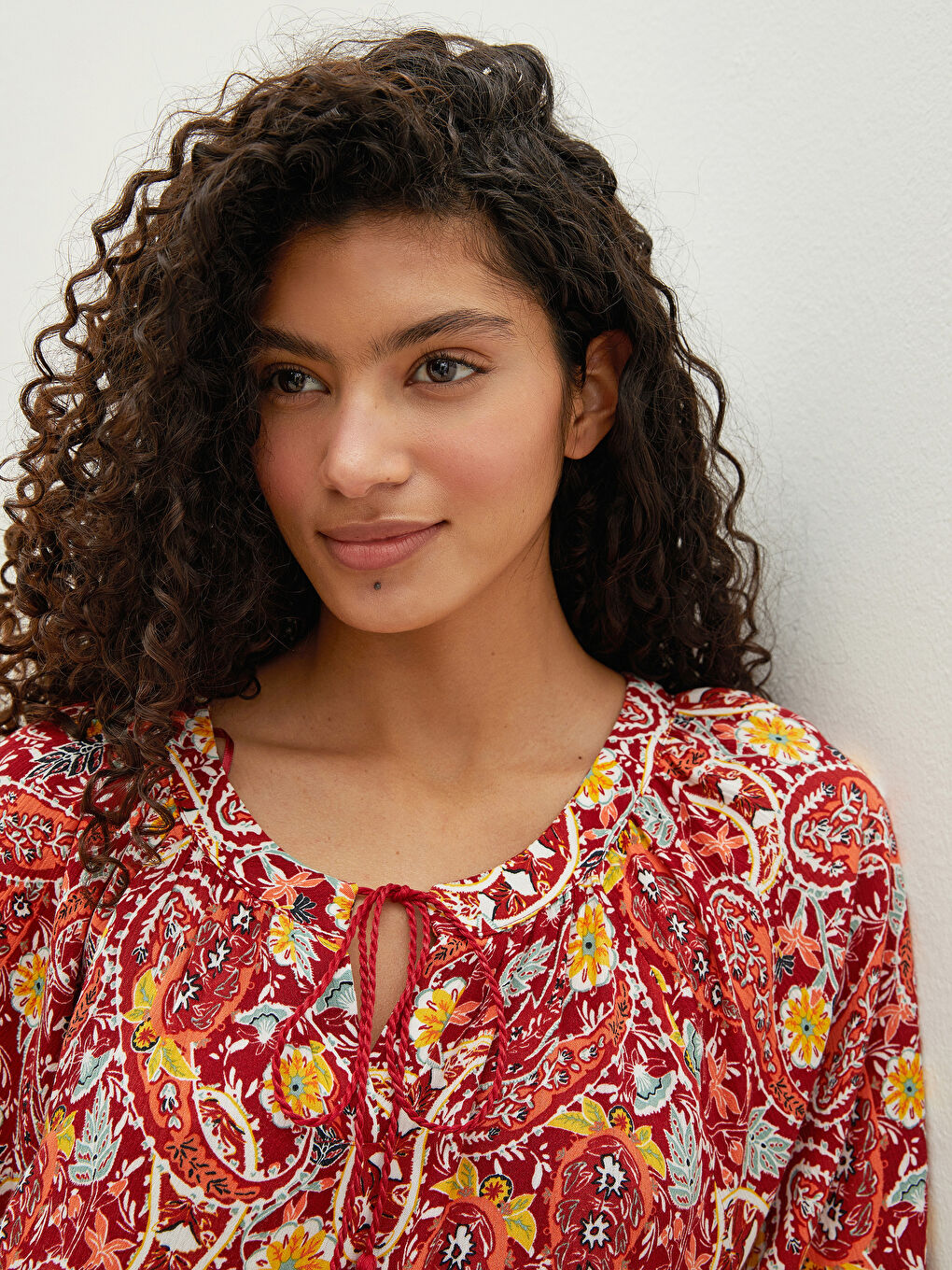 Tie Collar Patterned Crinkle Fabric Women's Dress-3