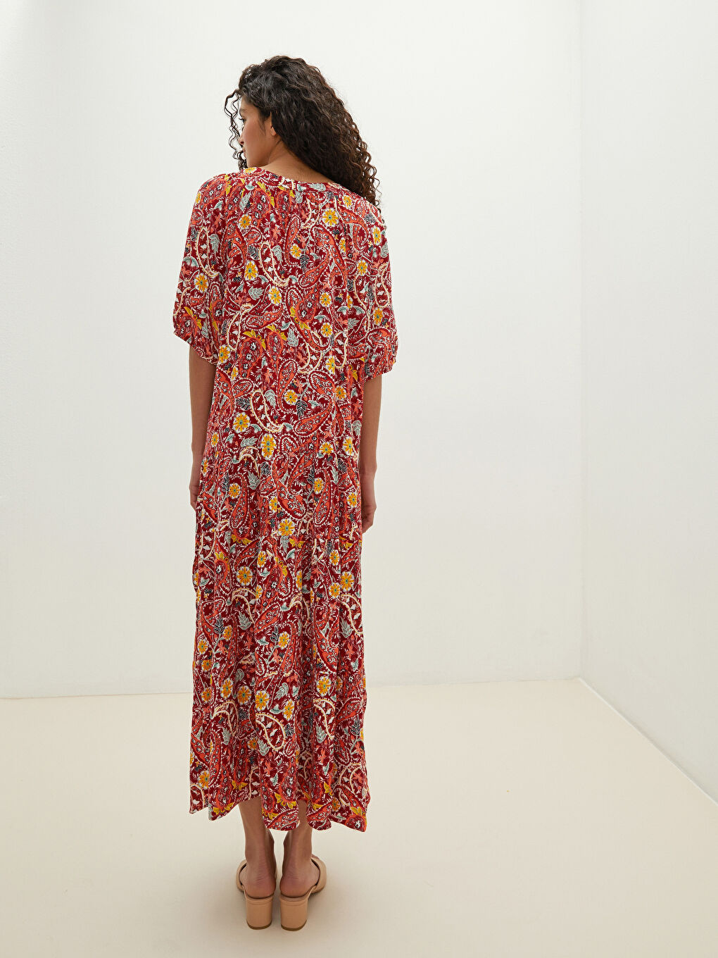 Tie Collar Patterned Crinkle Fabric Women's Dress-4