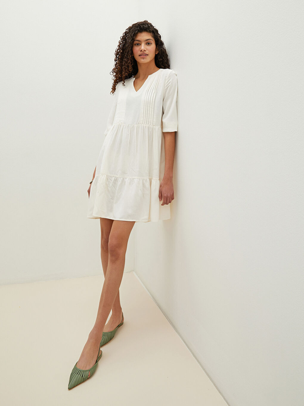 Notch Neck Linen Blend Women's Dress-3