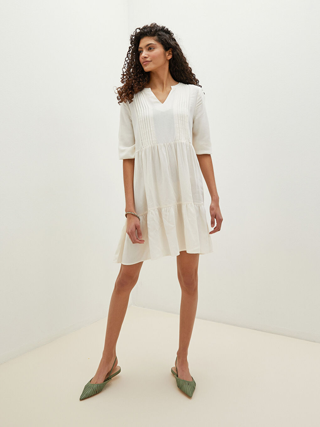Notch Neck Linen Blend Women's Dress-4